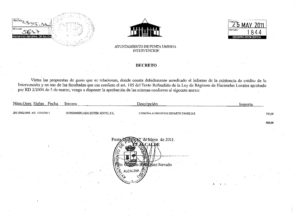 Documento del Ayuntamiento de Punta que acredita la concesión del dinero.