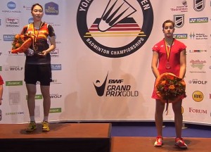 Carolina Marín, en el podium del Open de Alemania.