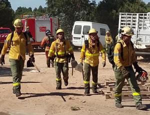 Efectivos del Infoca se disponen a actuar en el incendio de Palos.