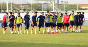 Futbolistas del Recreativo en el primer entrenamiento de pretemporada.