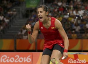 Carolina Marín celebrando el triunfo y el pase a la final en las Olimpiadas de Río.